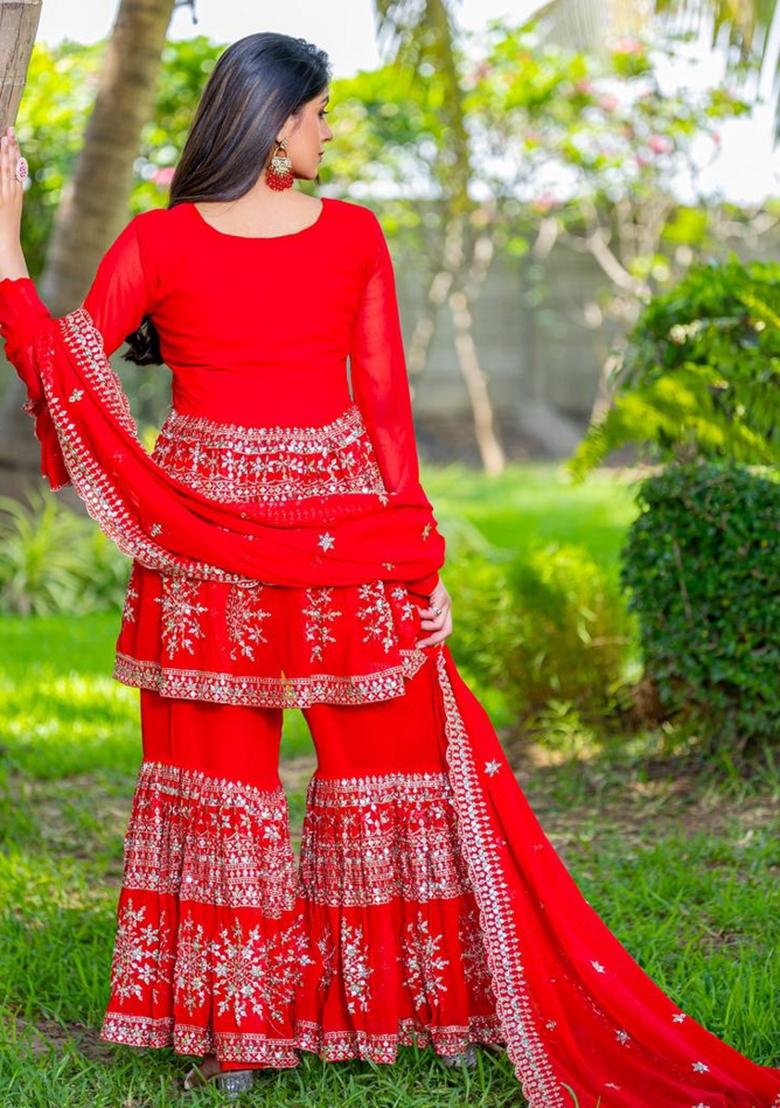 Red Motif Georgette Kurta Set - Indya