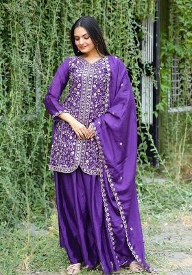 Purple Motif Chinon Kurta Set