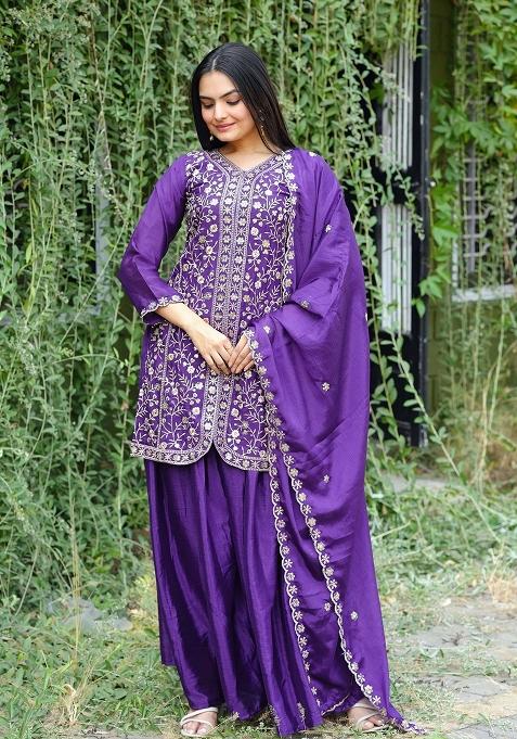 Purple Motif Chinon Kurta Set