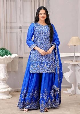 Blue Motif Chinon Kurta Set