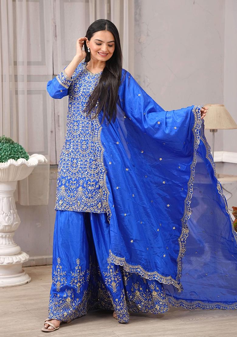 Blue Motif Chinon Kurta Set - Indya