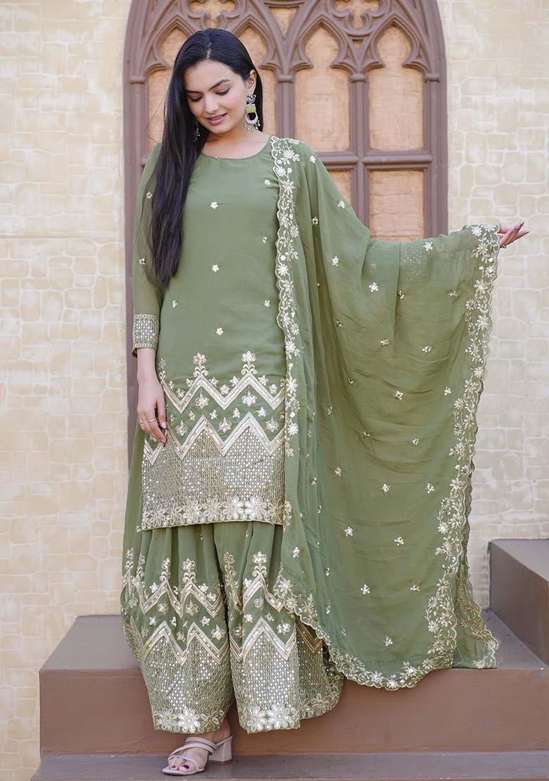 Green Motif Georgette Kurta Set - Indya