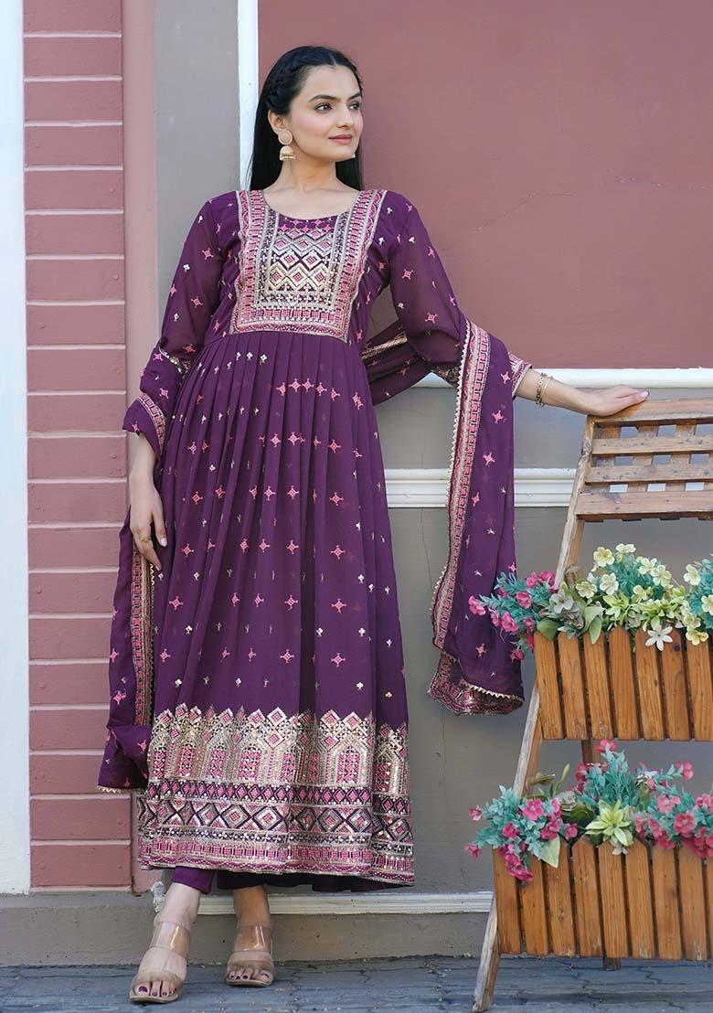 Purple Motif Georgette Kurta Set - Indya