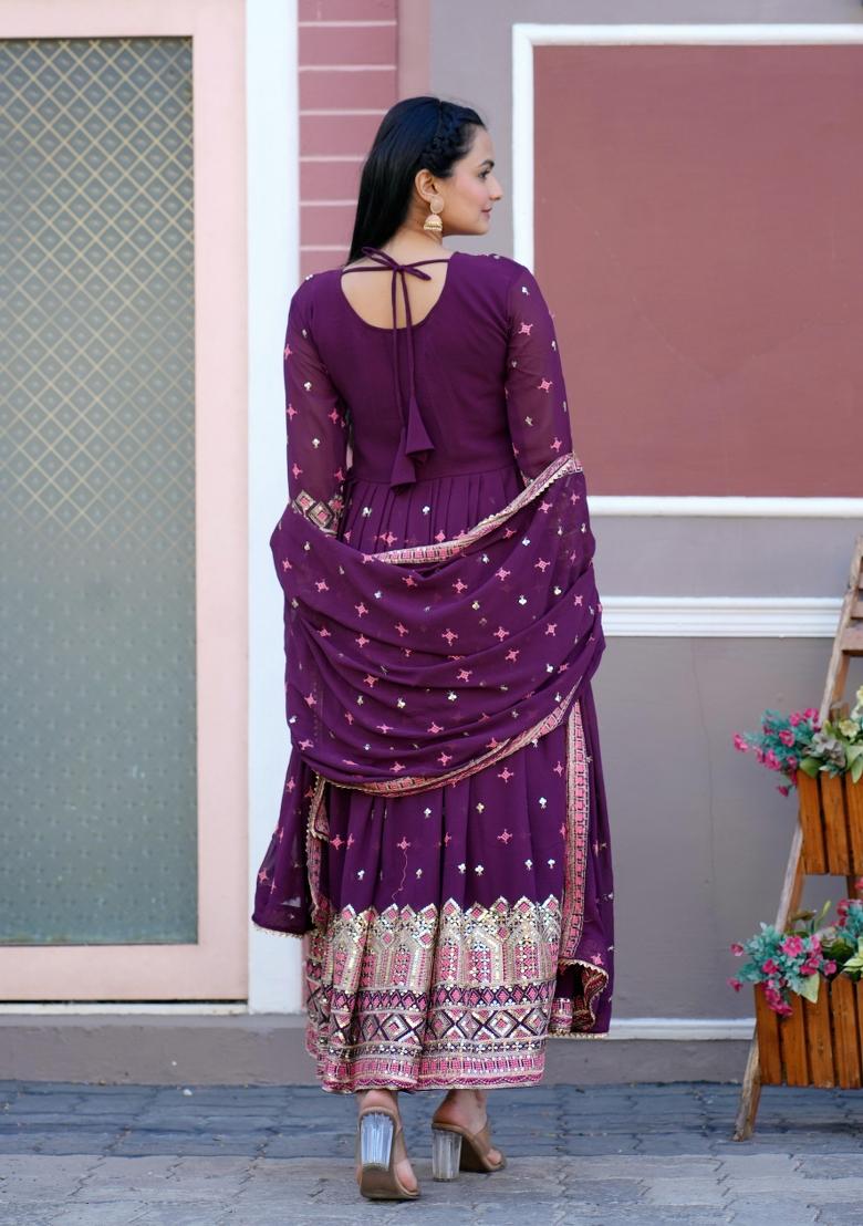 Purple Motif Georgette Kurta Set - Indya
