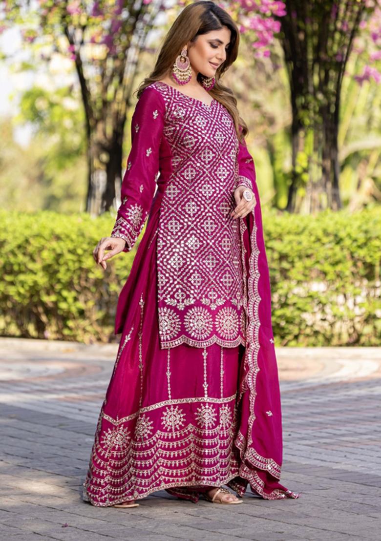 Rani Pink Motif Chinon Kurta Set - Indya