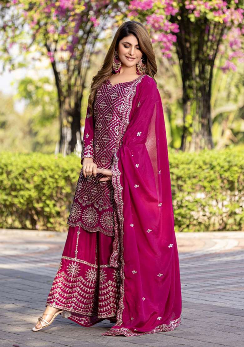 Rani Pink Motif Chinon Kurta Set - Indya