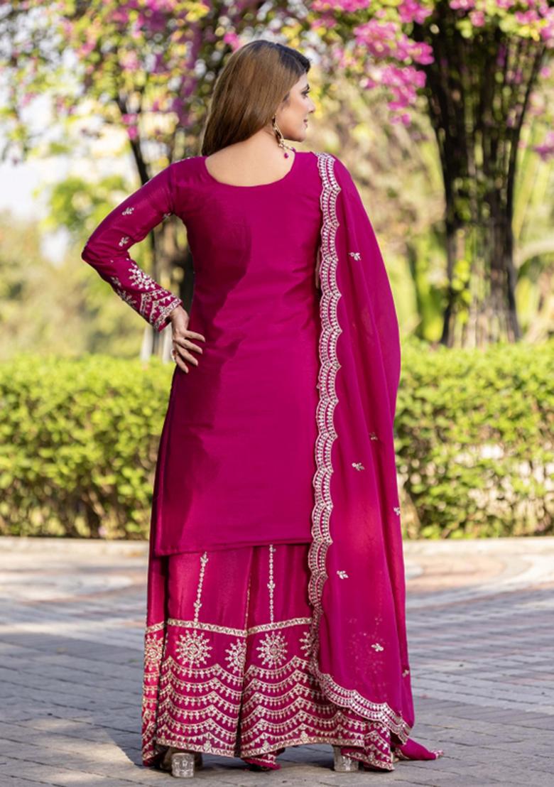 Rani Pink Motif Chinon Kurta Set - Indya