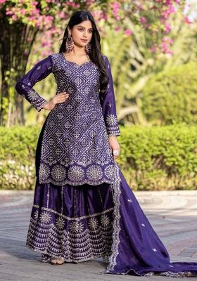 Purple Motif Chinon Kurta Set