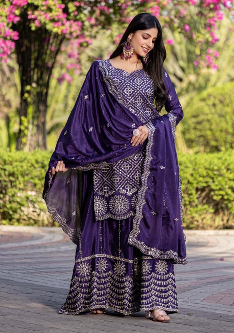 Purple Motif Chinon Kurta Set - Indya