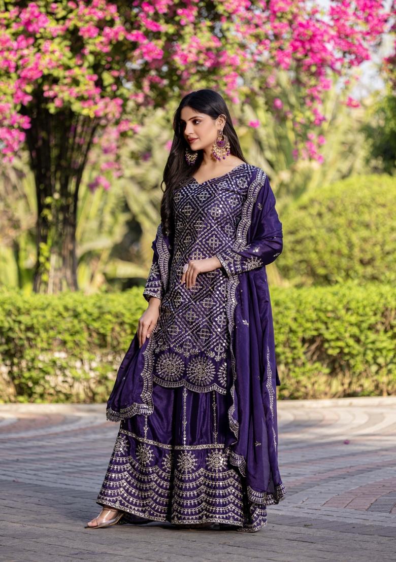 Purple Motif Chinon Kurta Set - Indya