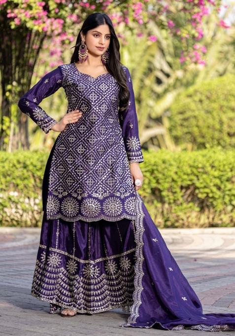 Purple Motif Chinon Kurta Set