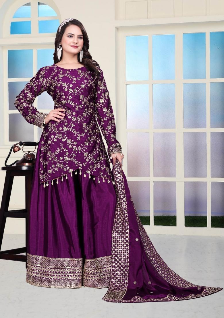 Purple Motif Chinon Kurta Set - Indya
