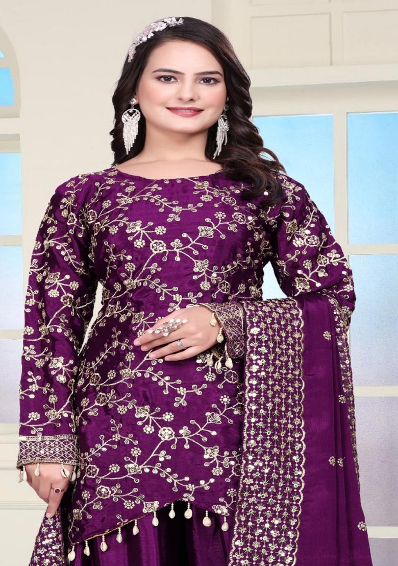 Purple Motif Chinon Kurta Set - Indya
