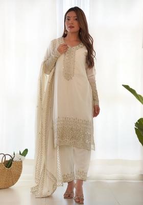 White Motif Silk Kurta Set