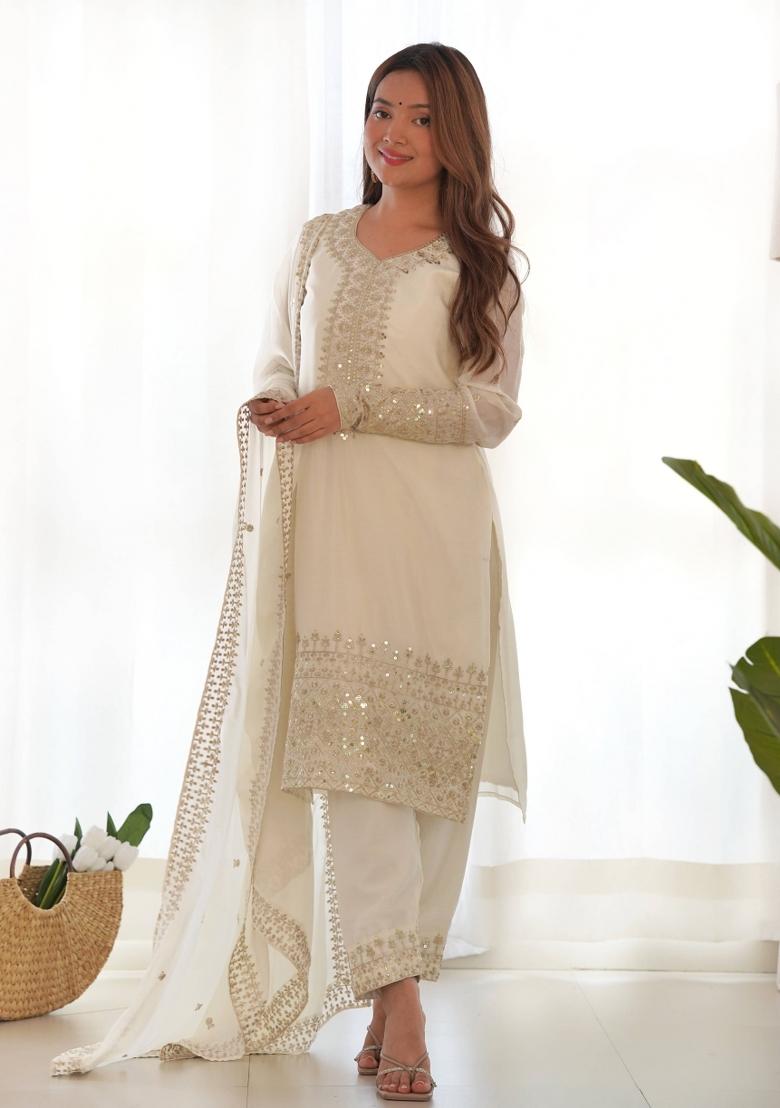 White Motif Silk Kurta Set - Indya