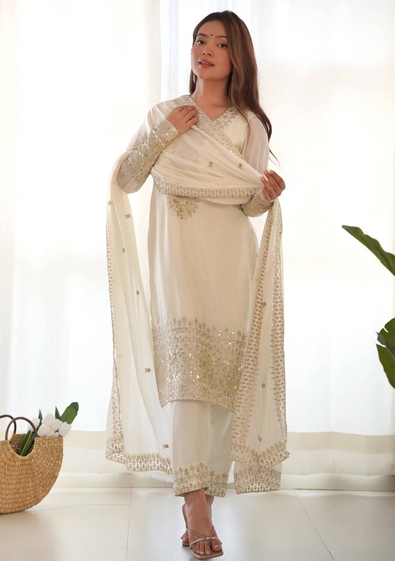 White Motif Silk Kurta Set - Indya