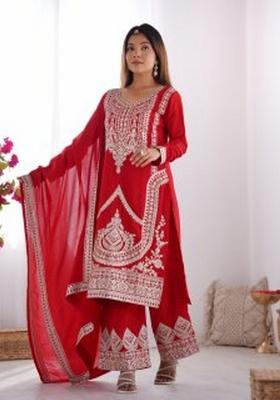 Red Motif Silk Kurta Set