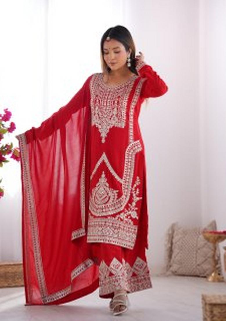 Red Motif Silk Kurta Set - Indya