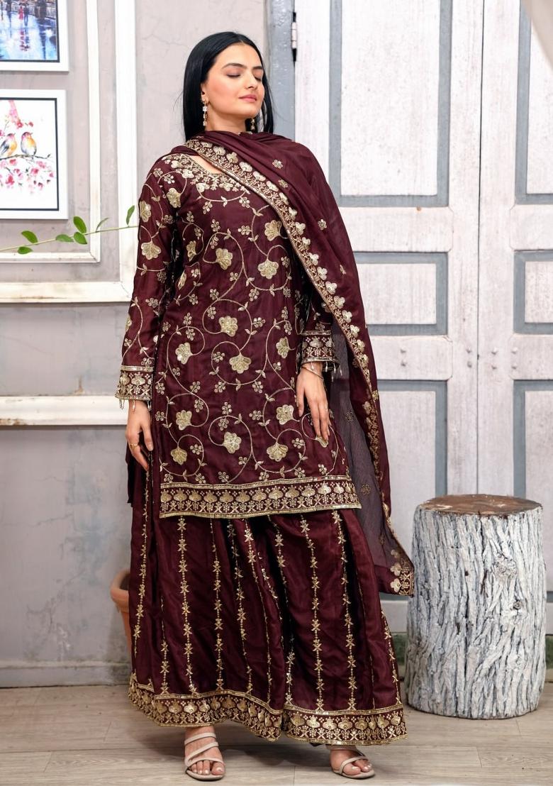 Dark Brown Motif Chinon Kurta Set - Indya
