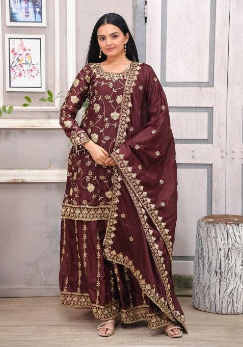 Dark Brown Motif Chinon Kurta Set