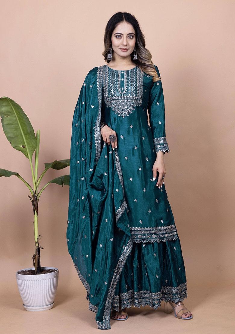 Teal Motif Chinon Kurta Set - Indya