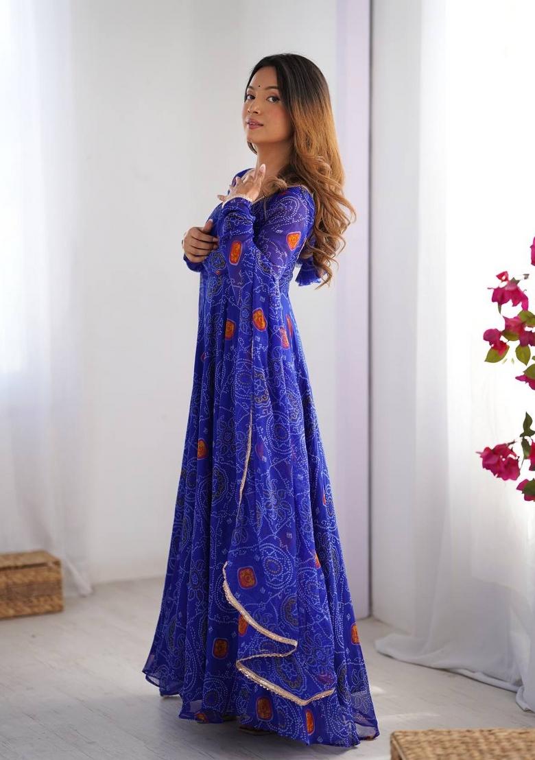 Royal Blue Motif Soft Chiffon Kurta Set - Indya