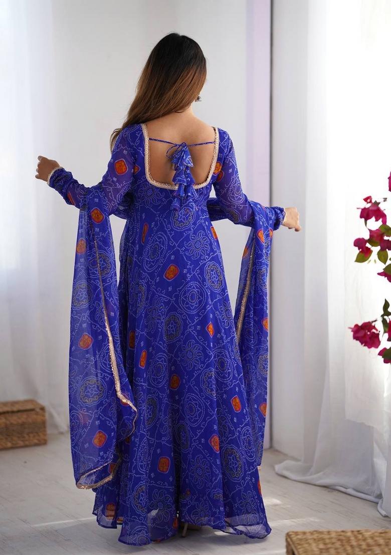 Royal Blue Motif Soft Chiffon Kurta Set - Indya