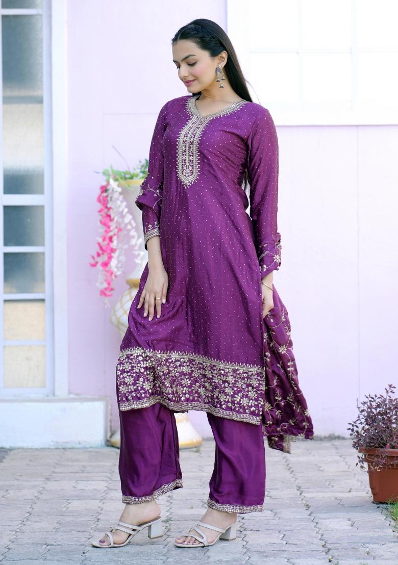 Purple Motif Chinon Kurta Set - Indya
