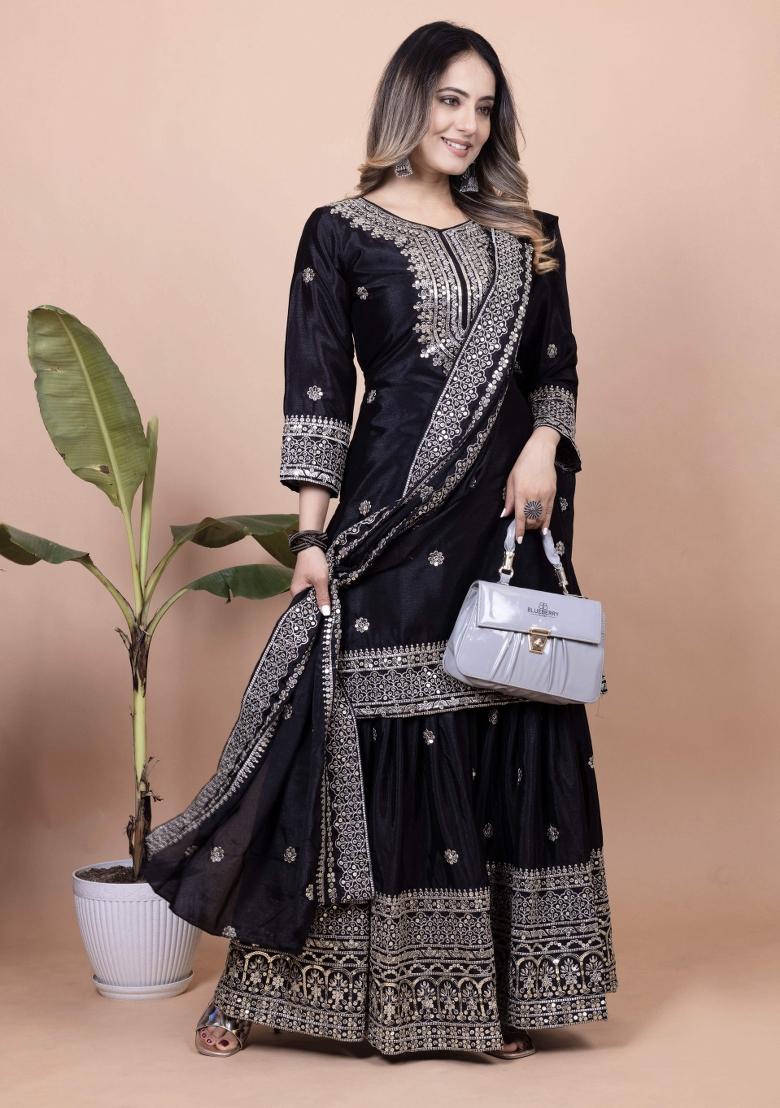 Black Motif Chinon Kurta Set - Indya
