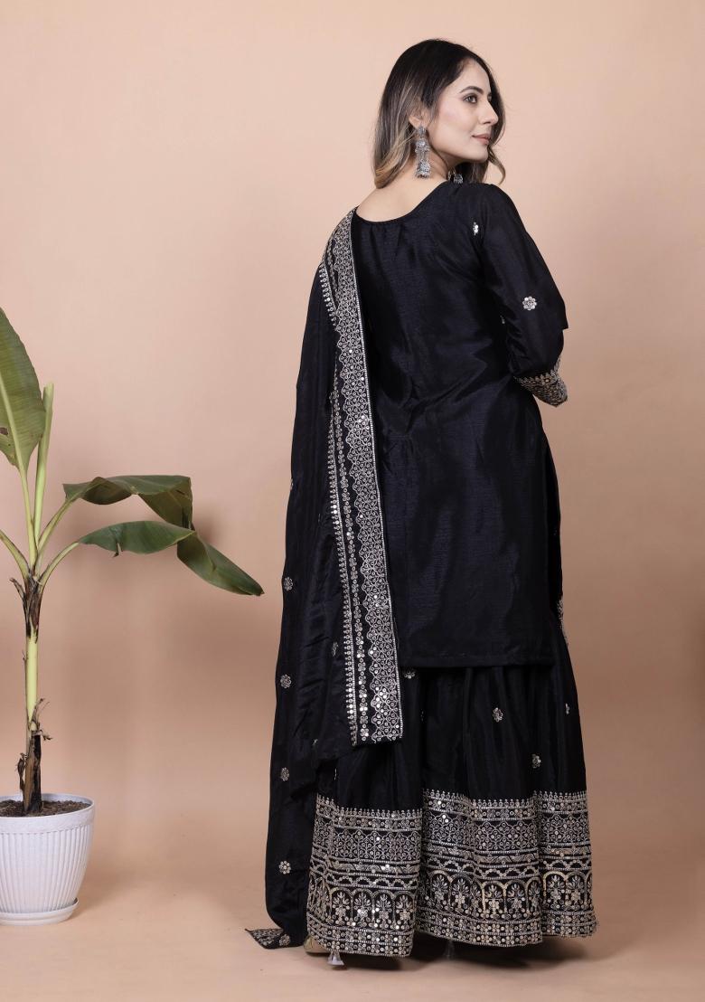Black Motif Chinon Kurta Set - Indya