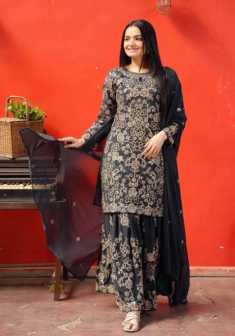 Black Motif Georgette Kurta Set