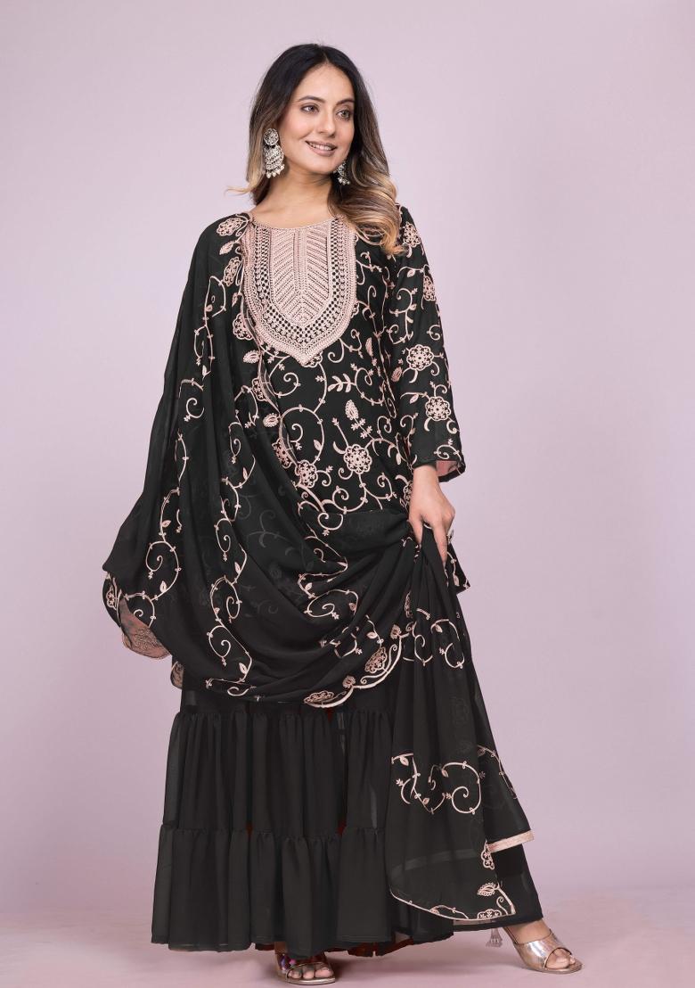 Black Motif Georgette Kurta Set - Indya