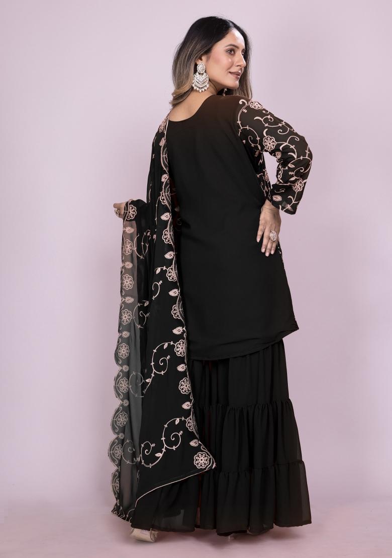Black Motif Georgette Kurta Set - Indya
