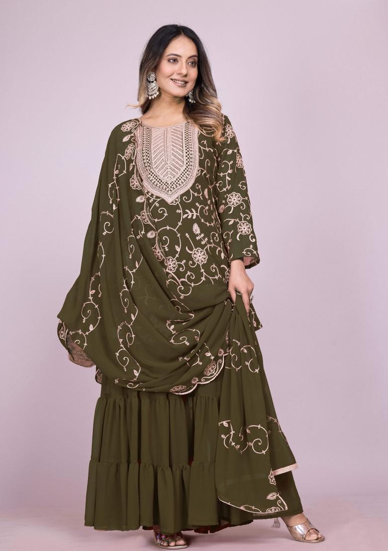 Mehendi Green Motif Georgette Kurta Set - Indya