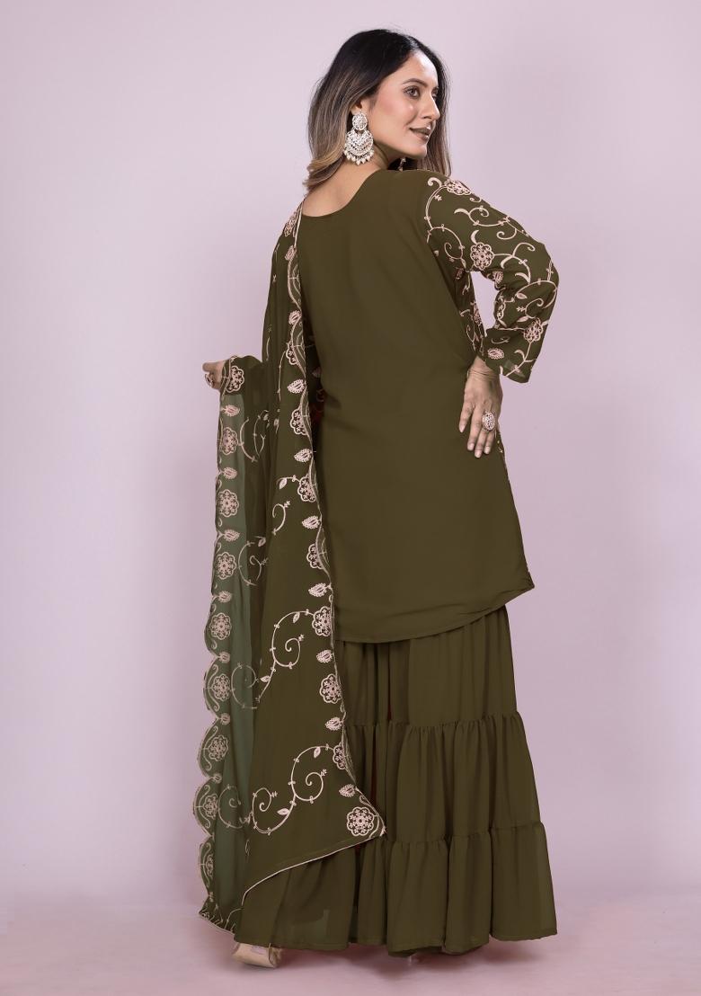 Mehendi Green Motif Georgette Kurta Set - Indya