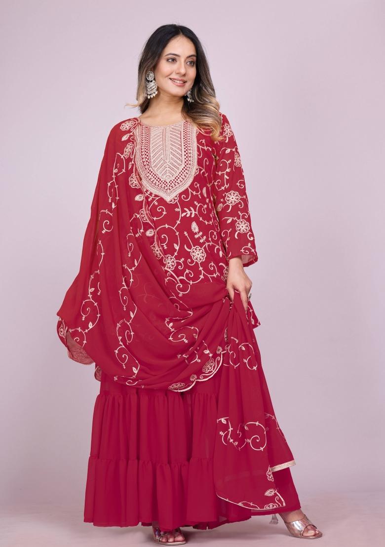 Pink Motif Georgette Kurta Set - Indya