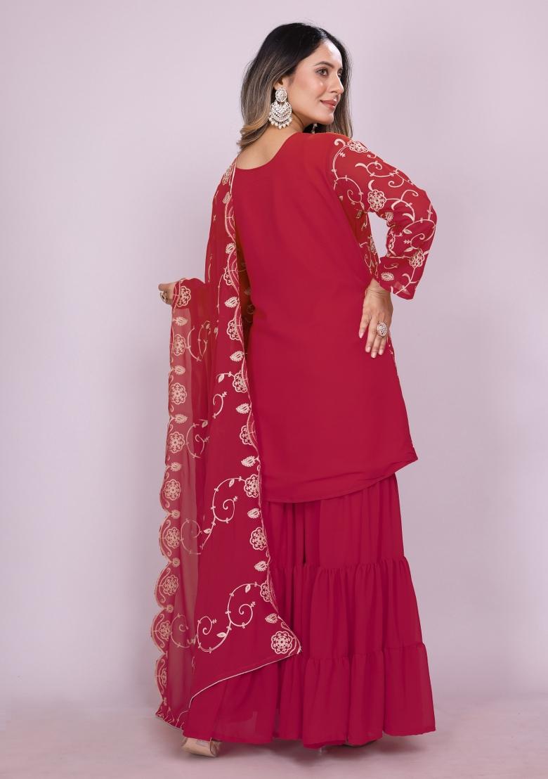 Pink Motif Georgette Kurta Set - Indya