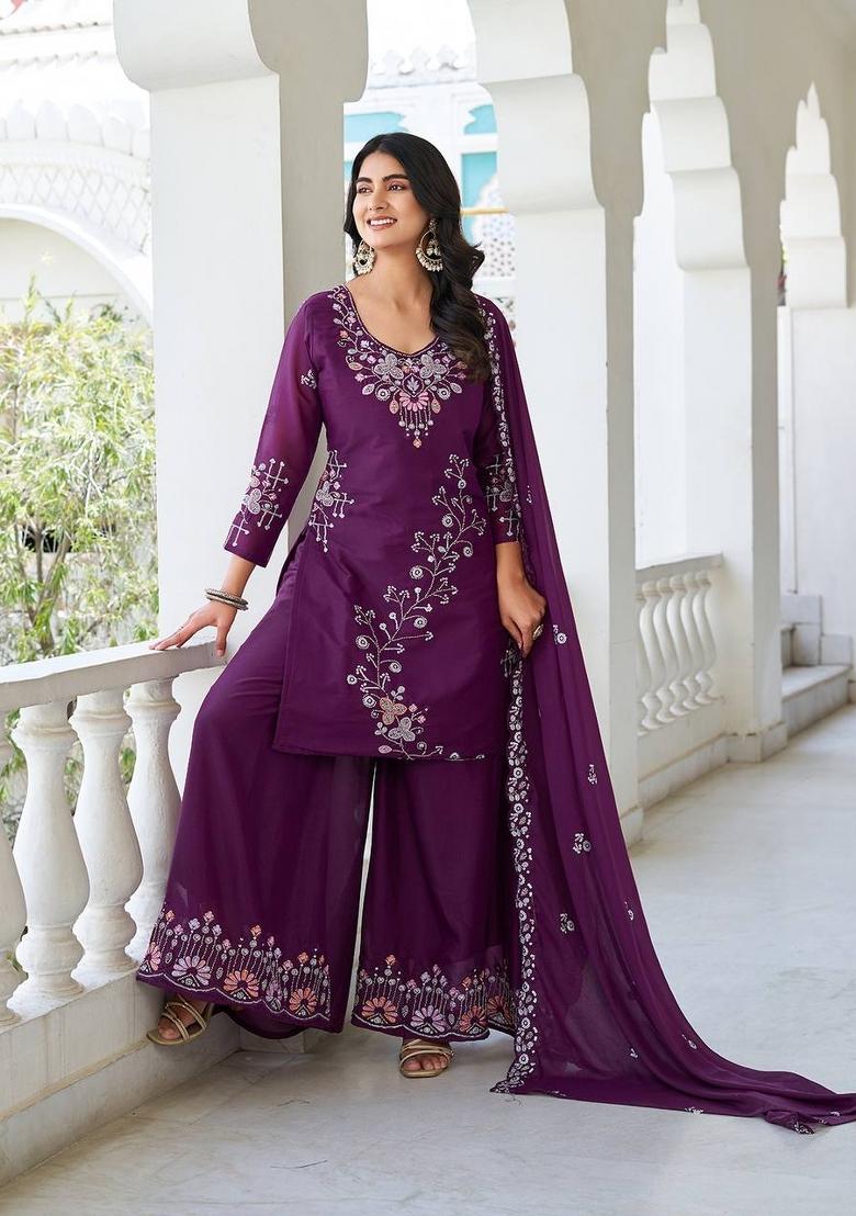 Wine Motif Star Georgette Kurta Set - Indya