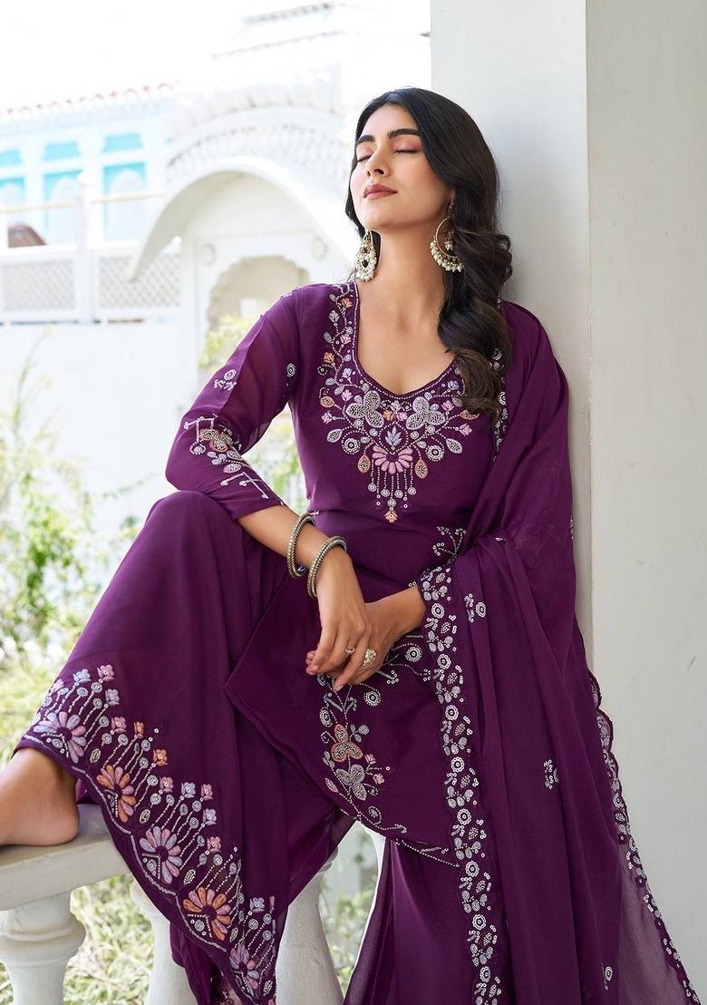Wine Motif Star Georgette Kurta Set - Indya