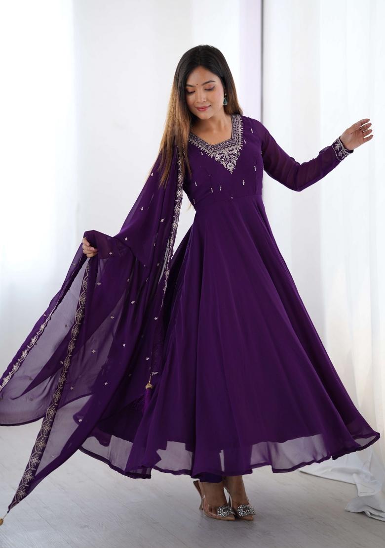 Purple Motif Georgette Kurta Set - Indya