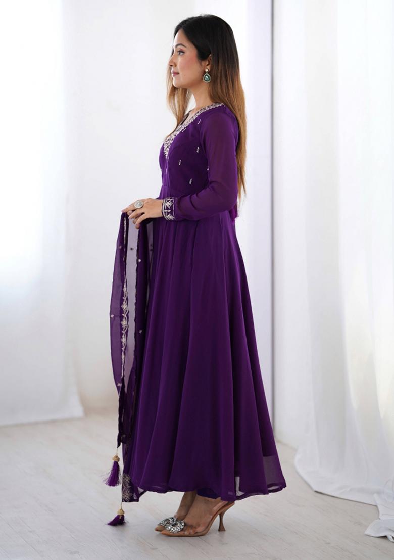 Purple Motif Georgette Kurta Set - Indya