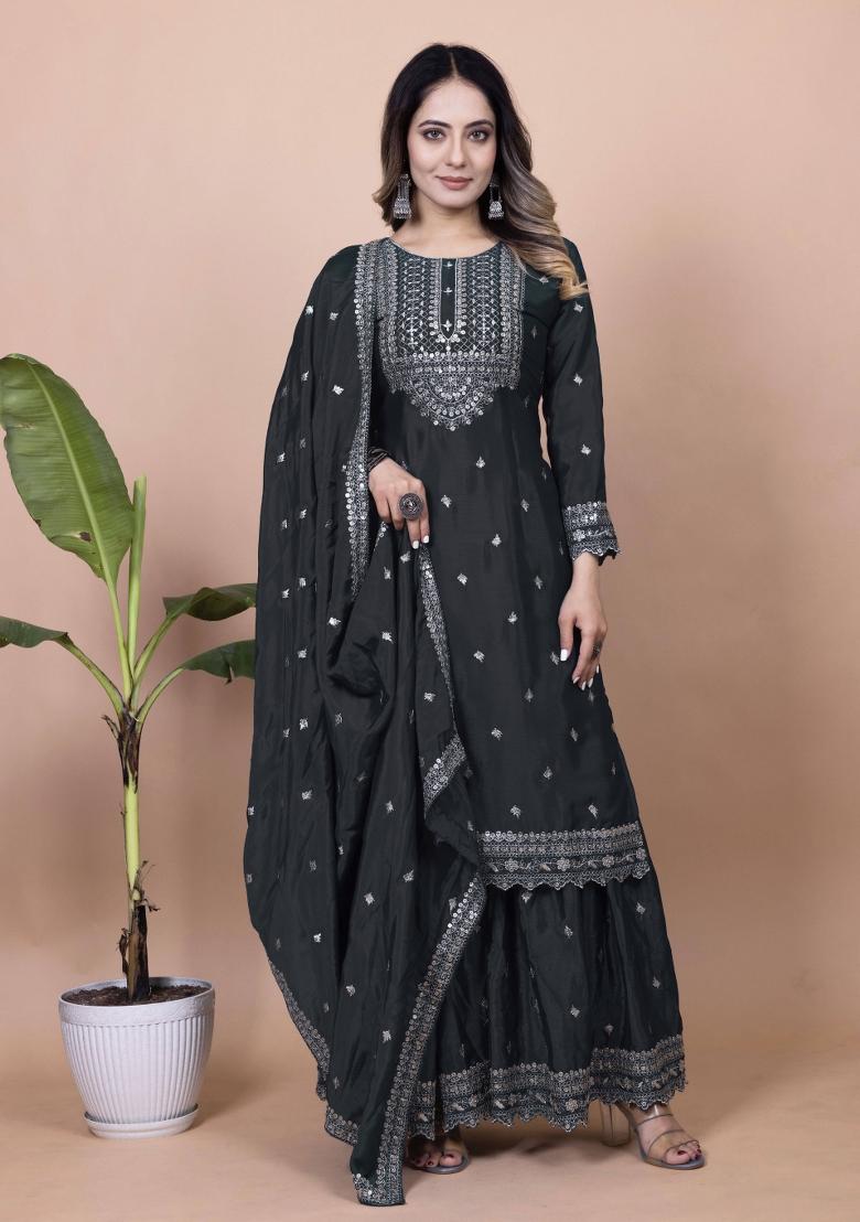 Black Motif Chinon Kurta Set - Indya