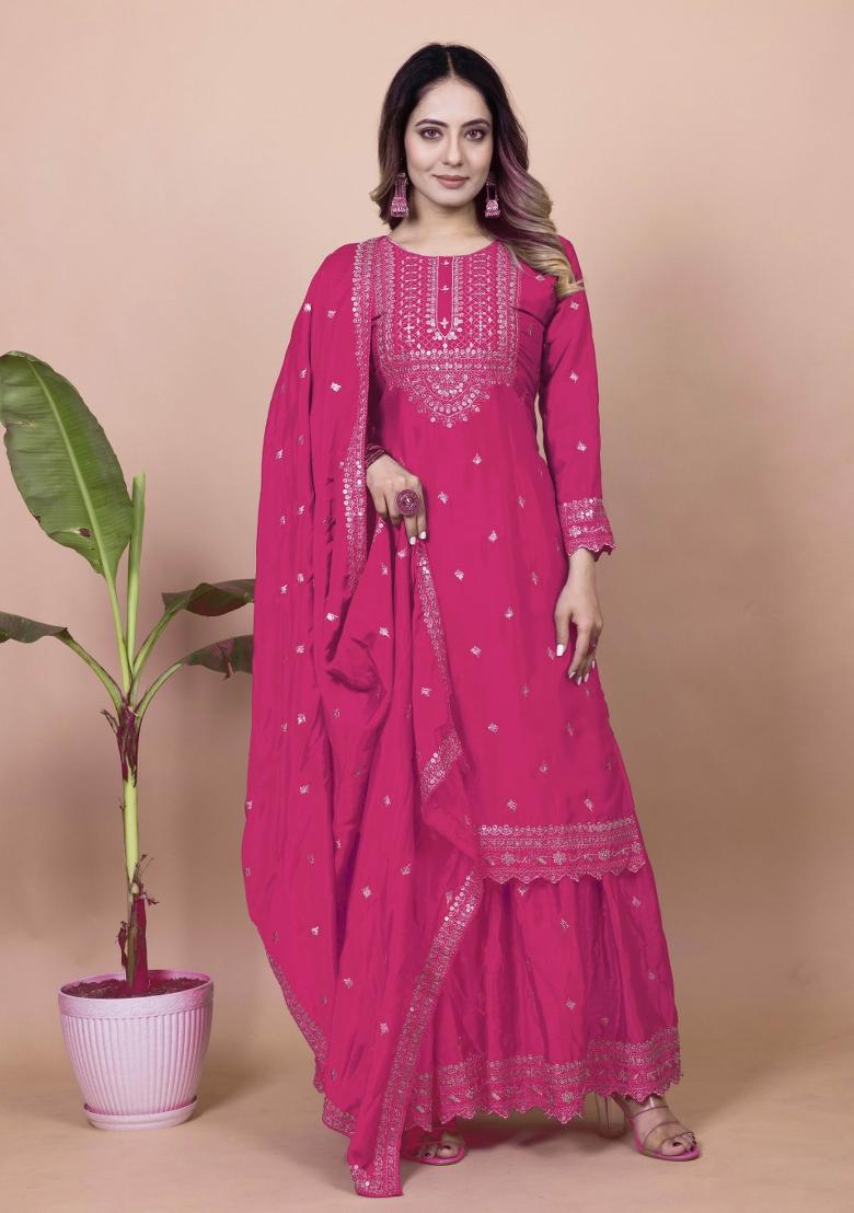 Pink Motif Chinon Kurta Set - Indya
