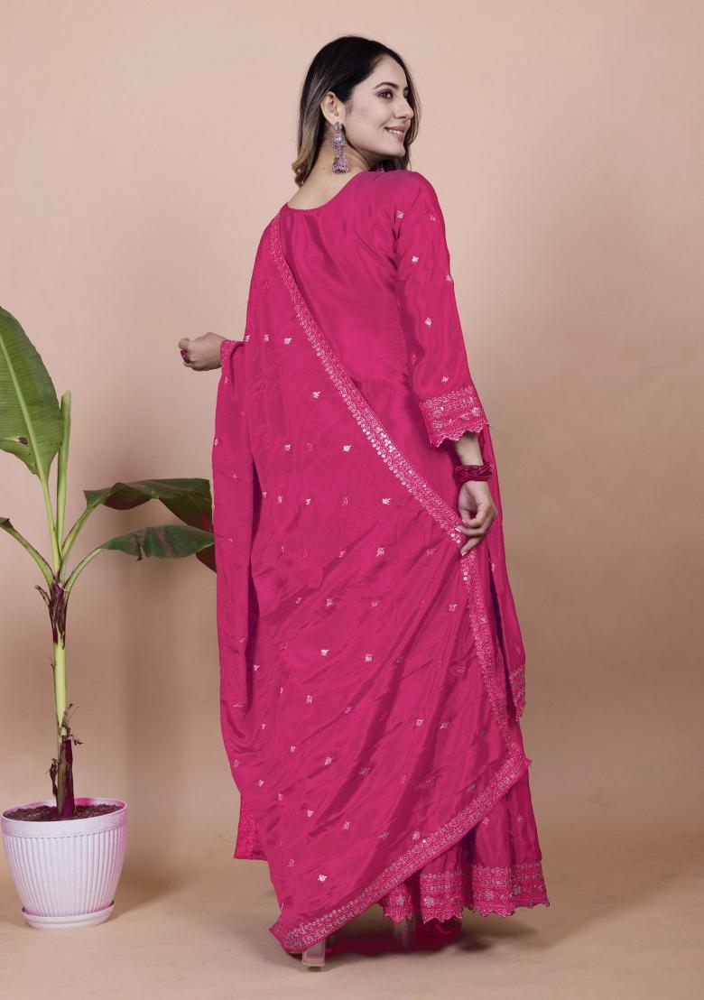 Pink Motif Chinon Kurta Set - Indya