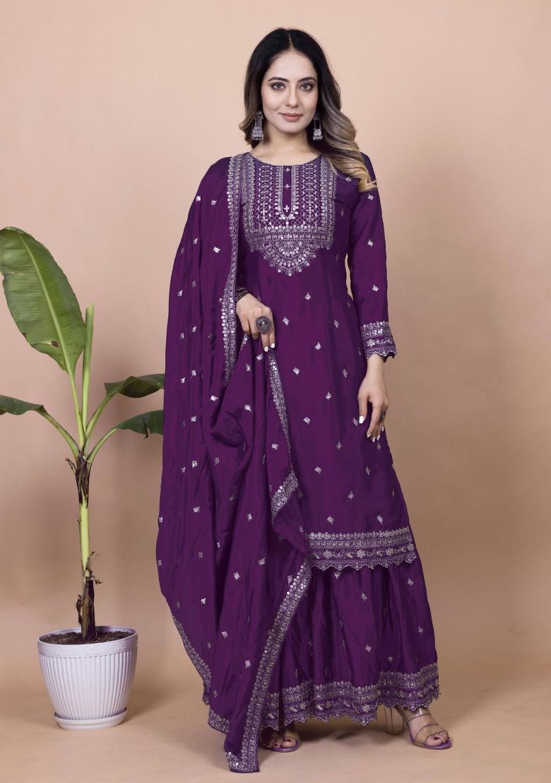 Wine Motif Chinon Kurta Set - Indya