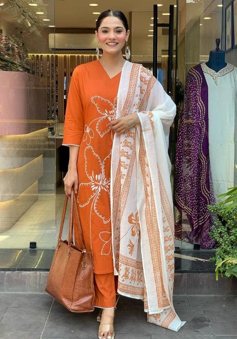 Orange Motif Viscose Chanderi Kurta Set