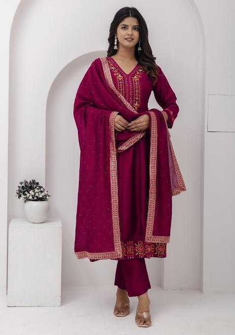 Cherry Red Motif Silk Kurta Set