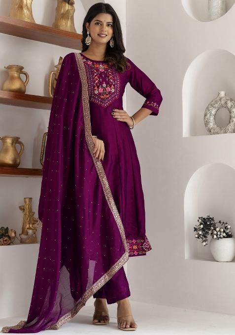 Purple Motif Silk Kurta Set