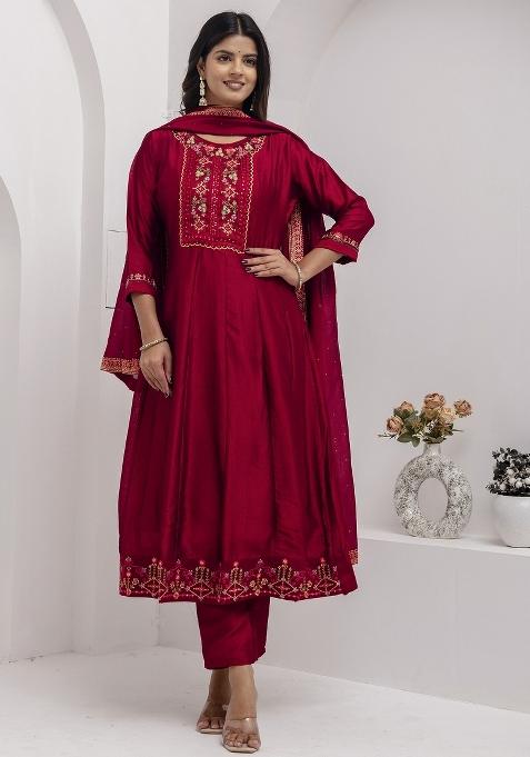 Red Motif Silk Kurta Set