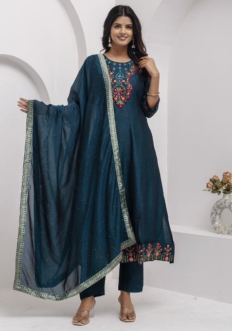 Teal Motif Silk Kurta Set